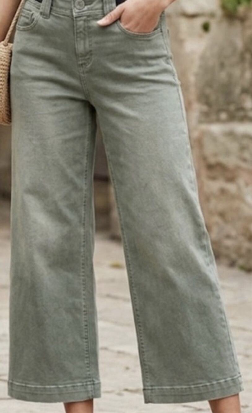 Democracy Ab Technology 6 Wide Leg green olive tummy control booty lift jeans